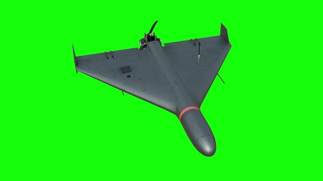 Shahed 136 Kamikaze Drone&nbsp; with red stripe flying against green screen