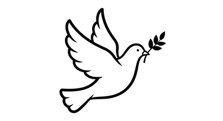 Fototapeta premium A simple line drawing of a dove flying with an olive branch in its beak.