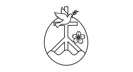 Obraz premium A simple line drawing of a peace sign within a circle with a dove and flowers.