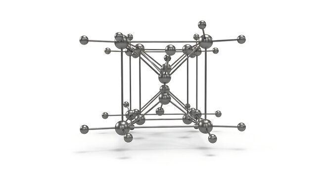 Crystal lattice structure illustration depicting atomic arrangement in a metallic solid isolated on white background