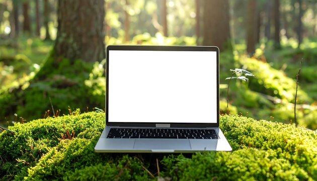 A laptop sits on green moss in a sunlit forest setting