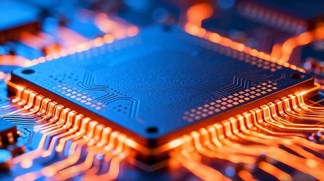 Closeup of a glowing circuit board