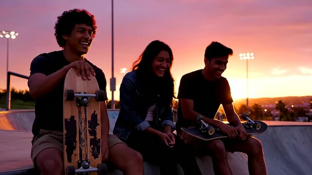 diverse group of happy friends with skateboards at a vibrant outdoor park, showcasing authentic connection and cultural understanding perfect for International Youth Day and Indigenous Peoples Day.