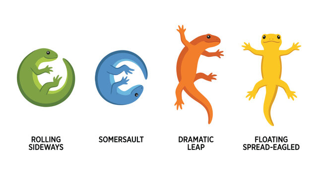 Dynamic Lizard and Newt Movement Poses Vector Illustrations: Rolling, Somersault, Leap, Floating Set