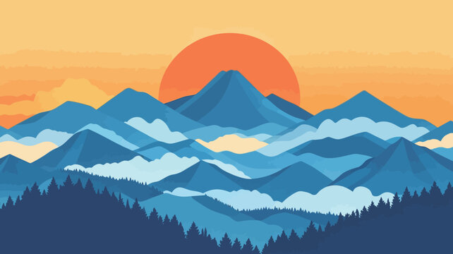 Mountains and sunset create a view with layered blue peaks under an orange sky and soft clouds in the distance