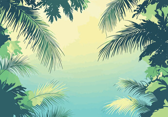 Fototapeta premium Green leaves and bright sky fill the view of a tropical landscape during a warm afternoon