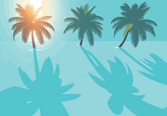 Fototapeta premium Sunlight shines on palm trees by the water in a tropical setting during late afternoon hours