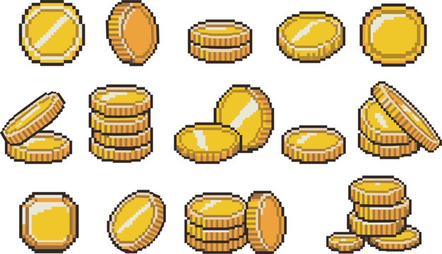 Pixel gold coins vector set, retro 8bit currency stacks game assets illustration design
