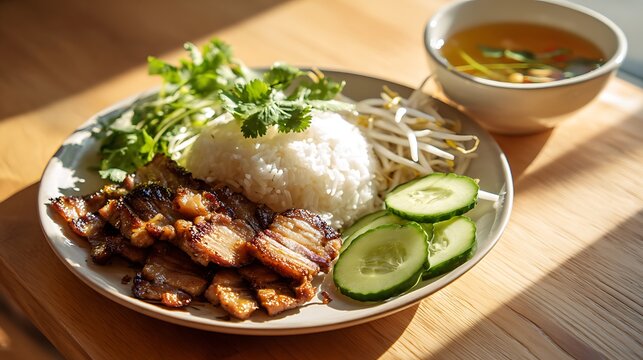 A shallow off-white ceramic plate with bai sach chrouk &mdash; thin slices of lightly caramelized and golden grilled pork marinated in soy sauce and garlic