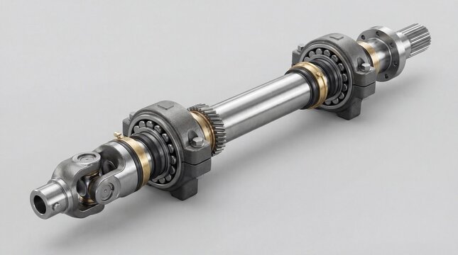 Precision engineered automotive driveshaft assembly featuring robust universal joints and durable bearings, designed for reliable power transmission in vehicles