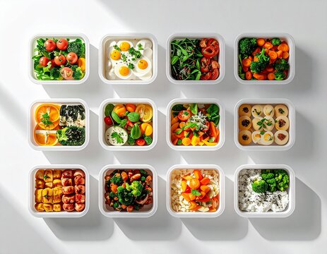 Overhead shot of 12 square meal prep containers, each filled with fresh, healthy, and colorful ingredients, showcasing organized nutrition for convenient and wholesome eating