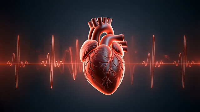 A human heart with a vibrant red color appears on an electrocardiogram.