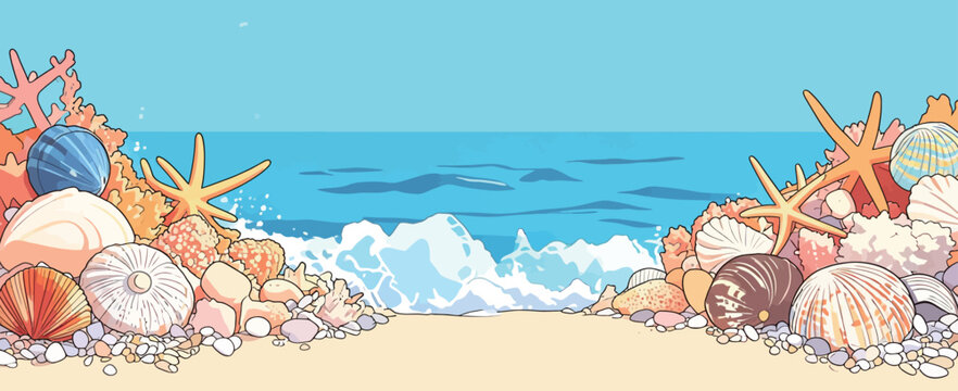 Seashells and coral on a beach near the ocean under a clear sky during daytime
