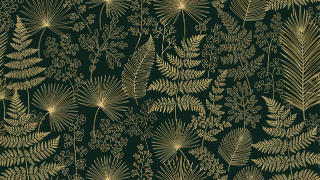 Gold Fern & Palm Leaf Botanical Pattern Wallpaper - Luxury Tropical Decor