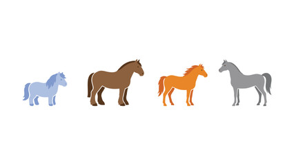 Obraz premium Colorful Flat Design Horse and Pony Icons Set. Diverse Equine Illustrations in Various Sizes and Colors on White Background.
