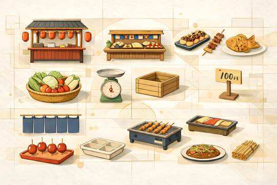 Traditional Japanese Festival Food Collection &ndash; Yatai Stand, Grilled Skewers and Street Market Illustration Set