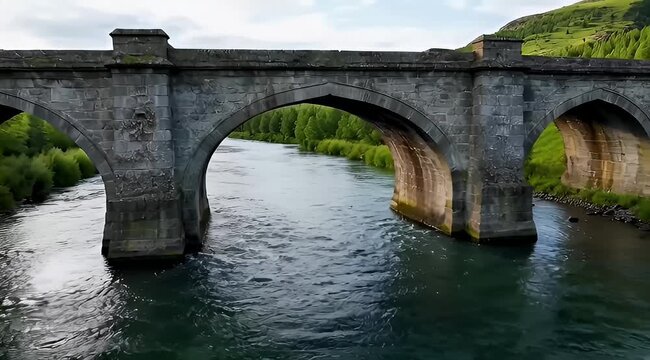 Stone bridge over a flowing river, ancient structure, timeless architecture, scenic nature