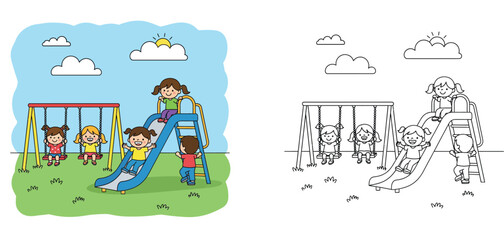 Naklejka premium Cute Children Playing on Playground Slide and Swings Illustration with Coloring Page Line Art for Kids and Educational Activities