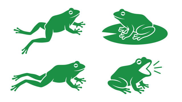 Green Frog Silhouettes Set: Various Poses, Jumping, Sitting, Croaking, and Swimming. Isolated Vector Icons.
