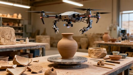 Fototapeta premium Drone with robotic arm hovers over a clay pot on a wheel in a pottery studio, blending traditional art with future technology.