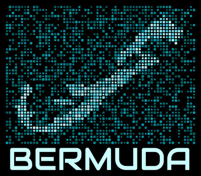 Bermuda digital dotted map. Shape of the country in cyan color palette on dark background. Futuristic Bermuda map design. Vector illustration.