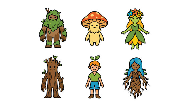 Cute cartoon nature spirits, forest creatures, and fantasy characters vector illustration set
