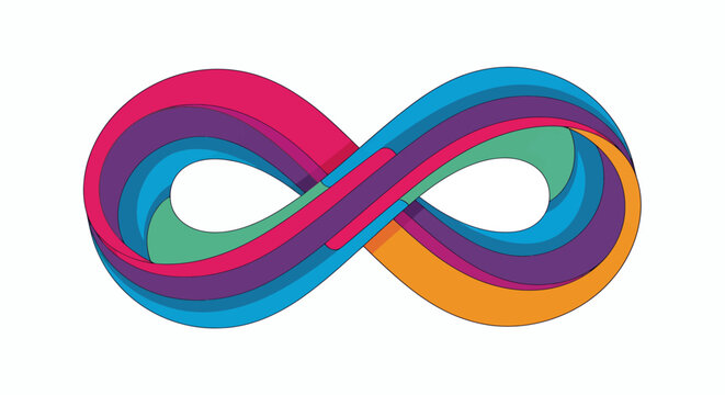 Dynamic colorful infinity loop logo with gradient ribbons and abstract flowing shapes.