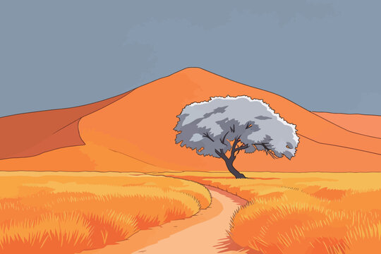 Bright landscape with a single tree along a path leading to mountains during sunset