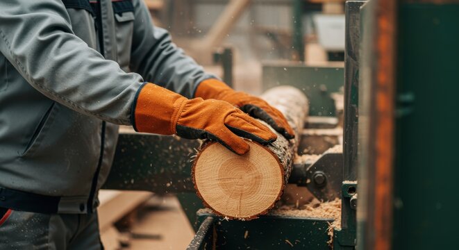 Gloved worker cutting log on sawmill machine producing wood shavings in workshop