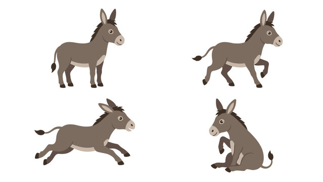 Cute cartoon donkeys in various poses: standing, walking, running, and sitting. Farm animal vector illustration set.
