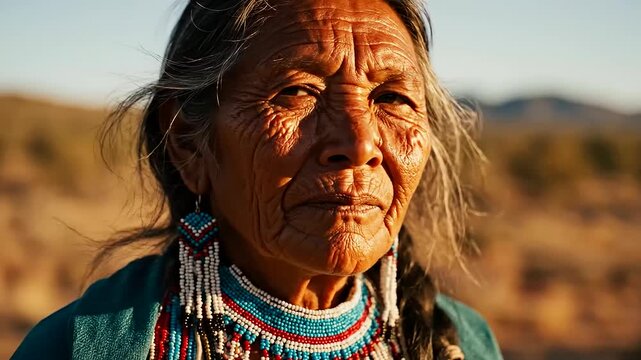 A dignified Indigenous woman's soulful gaze, adorned with traditional beaded jewelry, beautifully heritage, a poignant representation for Indigenous Peoples Day and inspiring International Youth Day.