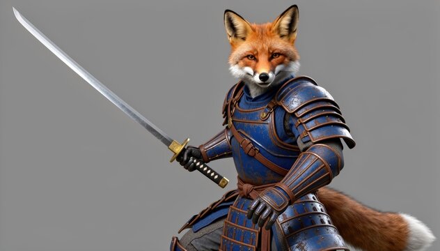 Feline Warrior's Stance: A cunning anthropomorphic fox, clad in traditional samurai armor, poised with a gleaming katana, embodying skill, strategy, and ancient warrior heritage.