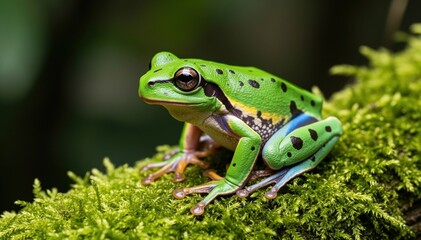 Obraz premium Emerald Frog on Mossy Branch: A vibrant green frog perches serenely on a moss-covered branch, showcasing its striking beauty and intricate details in a lush, natural habitat.