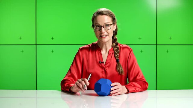 Woman explaining geometry concepts with blue dodecahedron against green screen