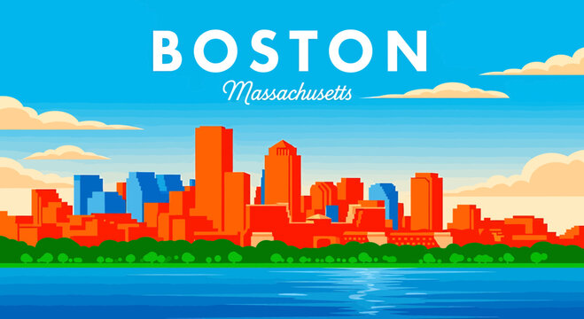 Flat design illustration of the vibrant Boston city skyline, with modern architecture reflected in calm water under a clear blue sky, perfect for urban travel concepts