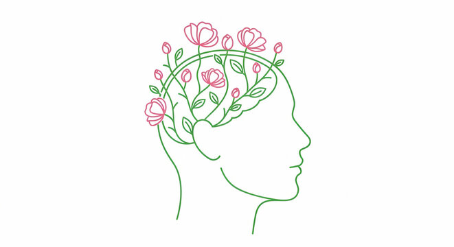 Line art illustration features a human head in profile with vibrant pink flowers and green foliage blooming from the brain, symbolizing mental growth and positive thinking on a clean white background.