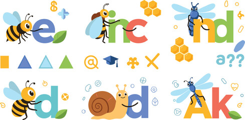 Alphabet learning illustration with letters and animals insects and shapes, educational colorful typography set for kids with bee snail dragonfly vector design collection © Yevhenii creative