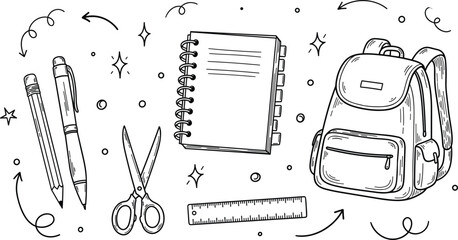 Back to school doodle set with backpack notebook scissors pencils and ruler, hand drawn education supplies illustration for classroom design © Yevhenii creative