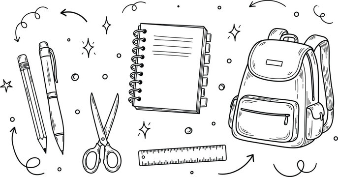 Back to school doodle set with backpack notebook scissors pencils and ruler, hand drawn education supplies illustration for classroom design