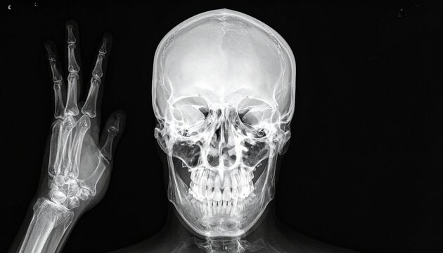 X‑ray skull and hand bones.