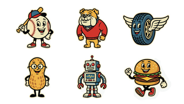 Retro Cartoon Mascots Set: Baseball, Bulldog, Winged Tire, Peanut, Robot, and Hamburger Illustrations
