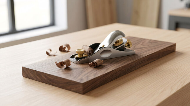Rabot &agrave; bois sur planche avec copeaux artisanaux