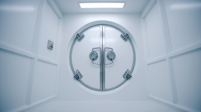 decontamination. An airlock door closing with faint mist in a pristine white isolation chamber. product launch decks, UI/UX mockups, designed for data visualization dashboards and holographic UIs.