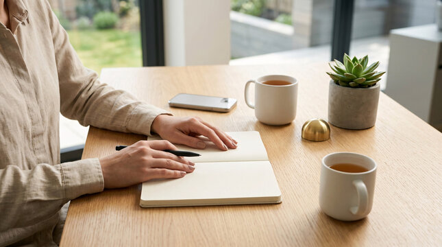 Personne &eacute;crivant sur un carnet avec caf&eacute; sur table