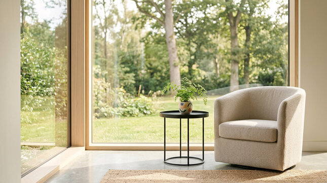 Salon lumineux avec vue sur jardin naturel et verdoyant