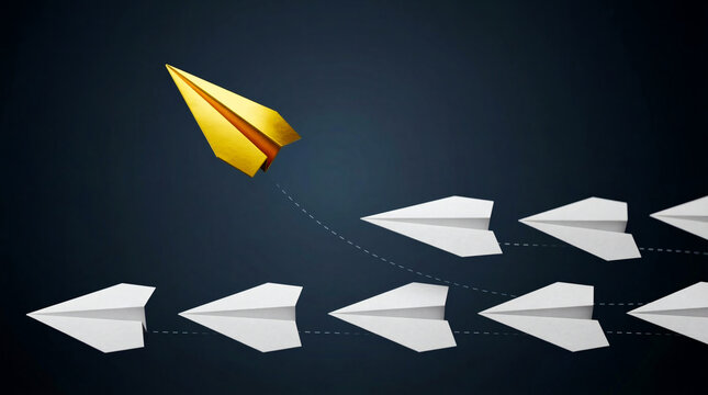 Golden paper plane changing direction and flying away from a group of white paper planes on dark background