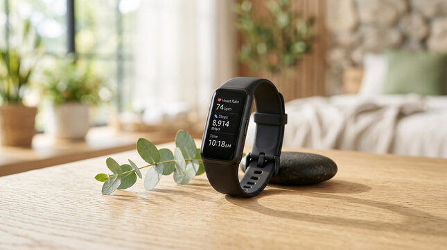 Montre connect&eacute;e pos&eacute;e sur une table avec &eacute;l&eacute;ments naturels