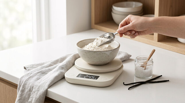 Pes&eacute;e d&rsquo;ingr&eacute;dients en cuisine avec balance et bol