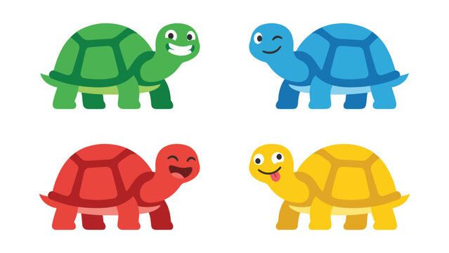 Set of four cute colorful cartoon turtles with different happy expressions, flat design illustration