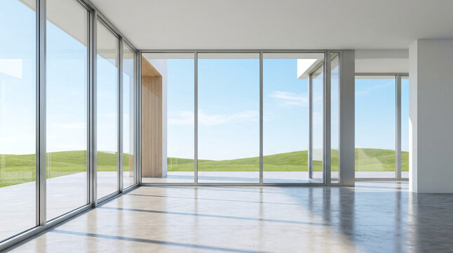 Architecture moderne avec grande baie vitr&eacute;e ouverte sur la nature